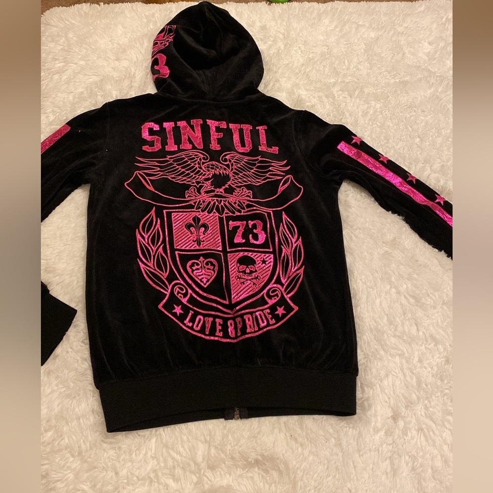 SINFUL VELOUR TRACKSUITS 2 PIECES IN BLACK WITH HOT PINK DESIGNS M TOP S BOTTOM